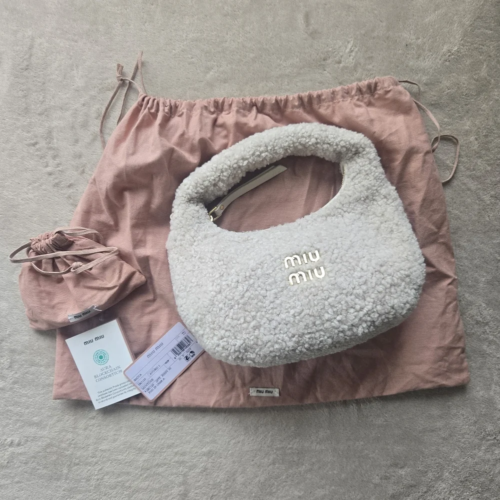 Miu Miu Cream Wander Shearling Hobo Handbag/Crossbody